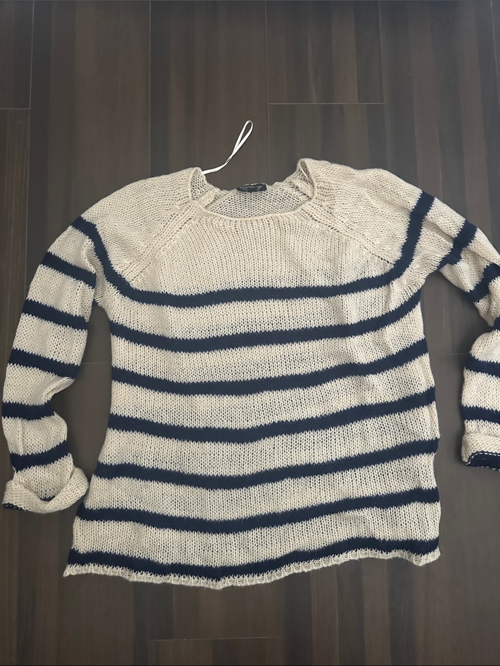 Topshop Cream and Navy Striped Crewneck Sweater
